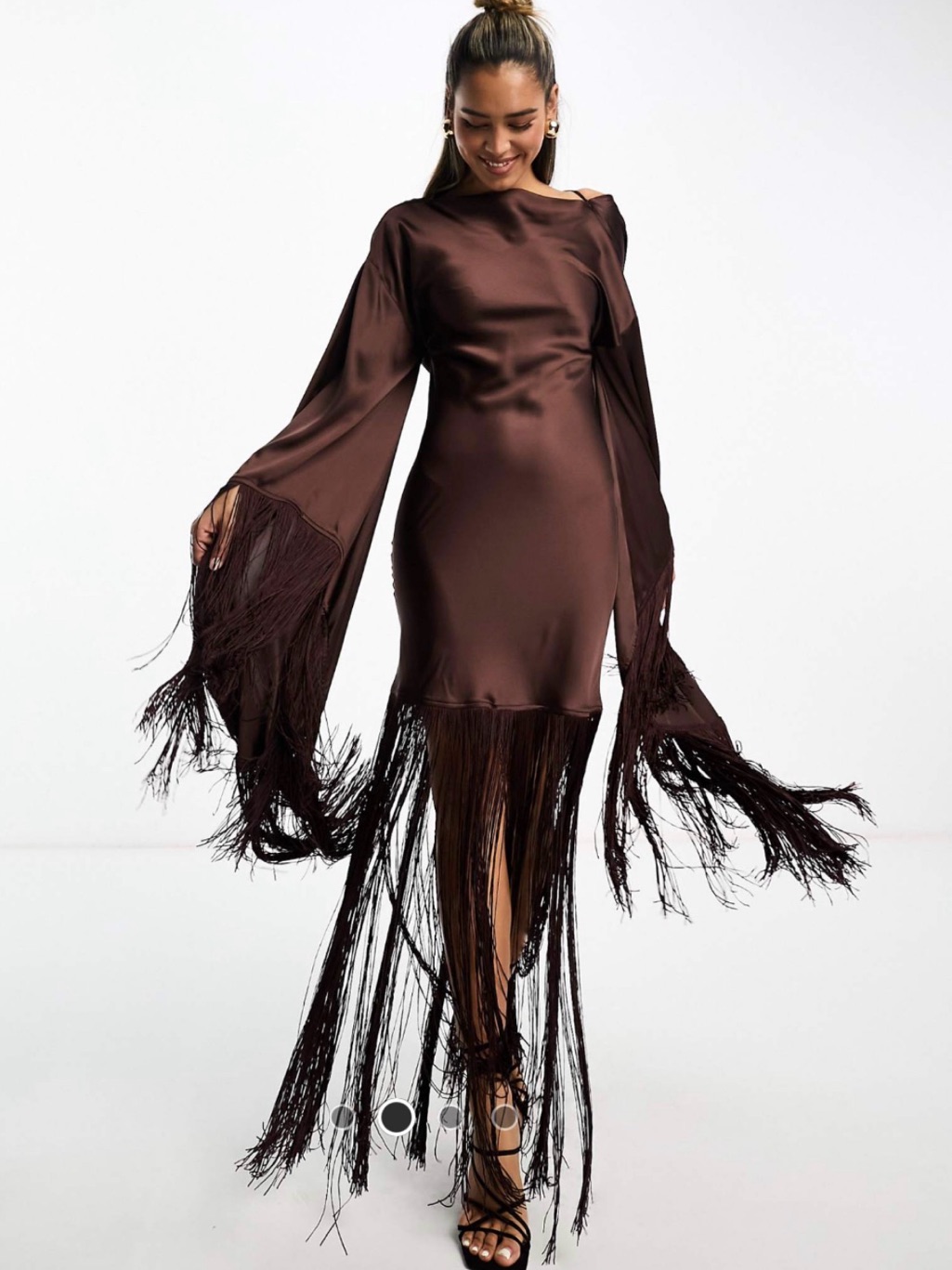 Fringed Satin Long-Sleeve Dress In Chocolate Brown
